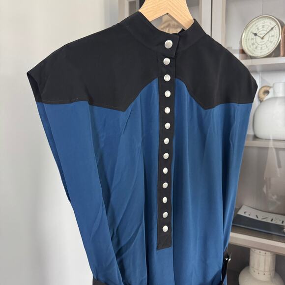 Givenchy Silk Wrap Midi Dress NEW Color Block Blue Black Pleated Ruffle 40 Small - Picture 4 of 8